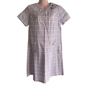 Vintage Plaid Shift Dress Womens 14 1/2 Purple Short Sleeve Pockets 60s